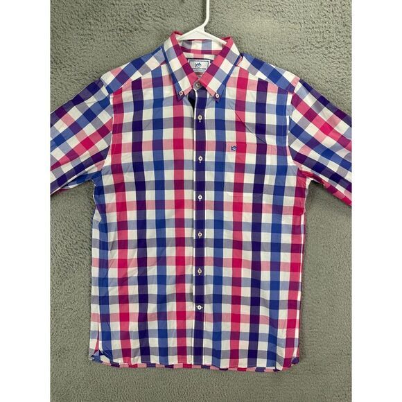 Southern Tide Shirt Adult Medium Pink Blue Checkered Trim Fit Button Down Mens